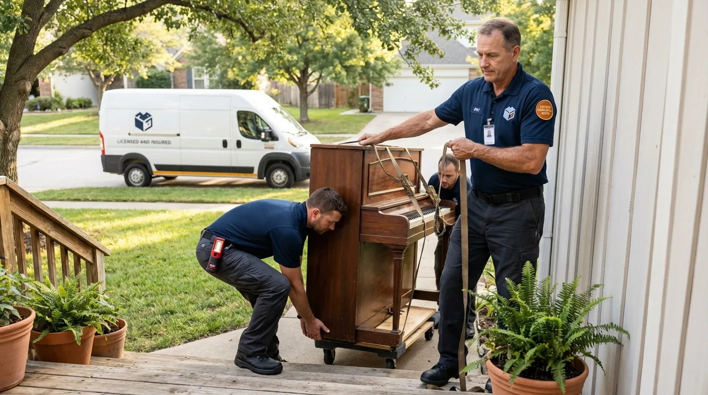 Licensed piano movers securing grand piano in Burnsville, NC