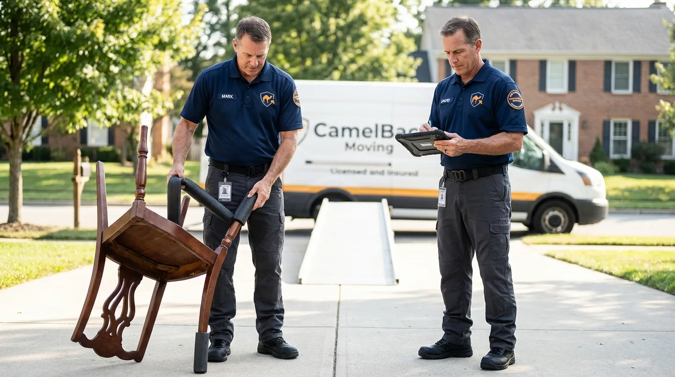Movers inspecting furniture for damage prevention before loading in Burnsville, NC