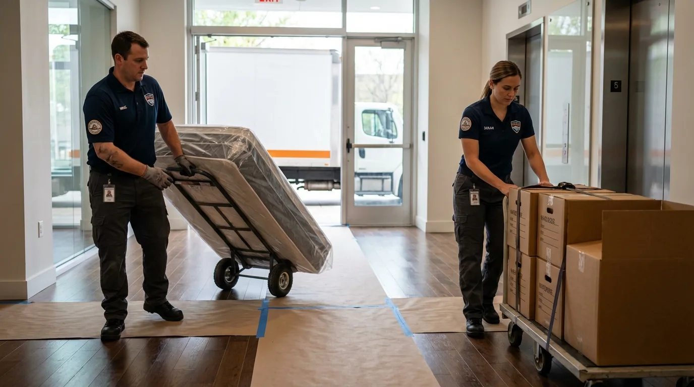 Professional apartment movers loading elevator in Burnsville, NC